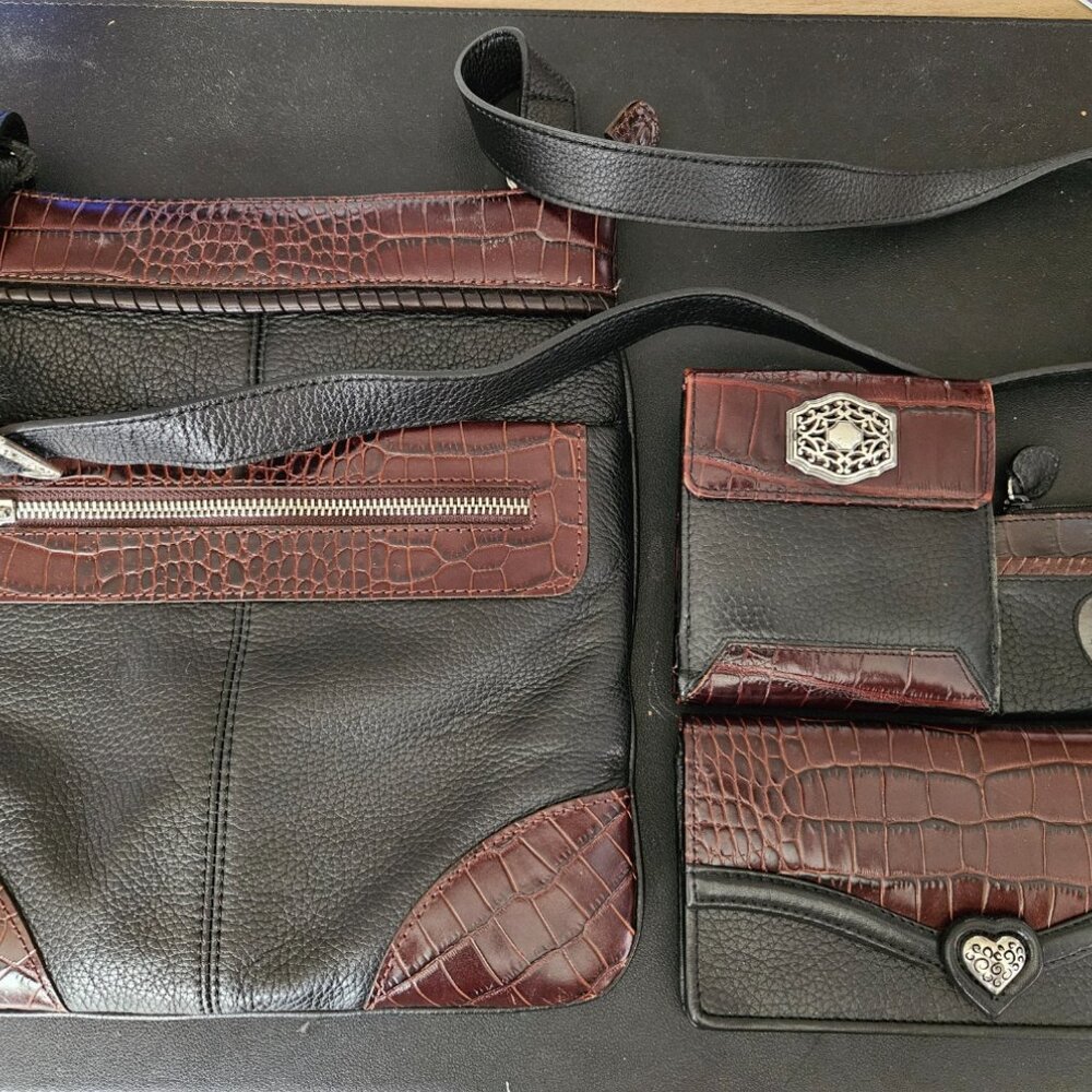 Brighton Brown Leather Croc Embossed Flap Crossbody, 2 Wallets and Coin Purse
